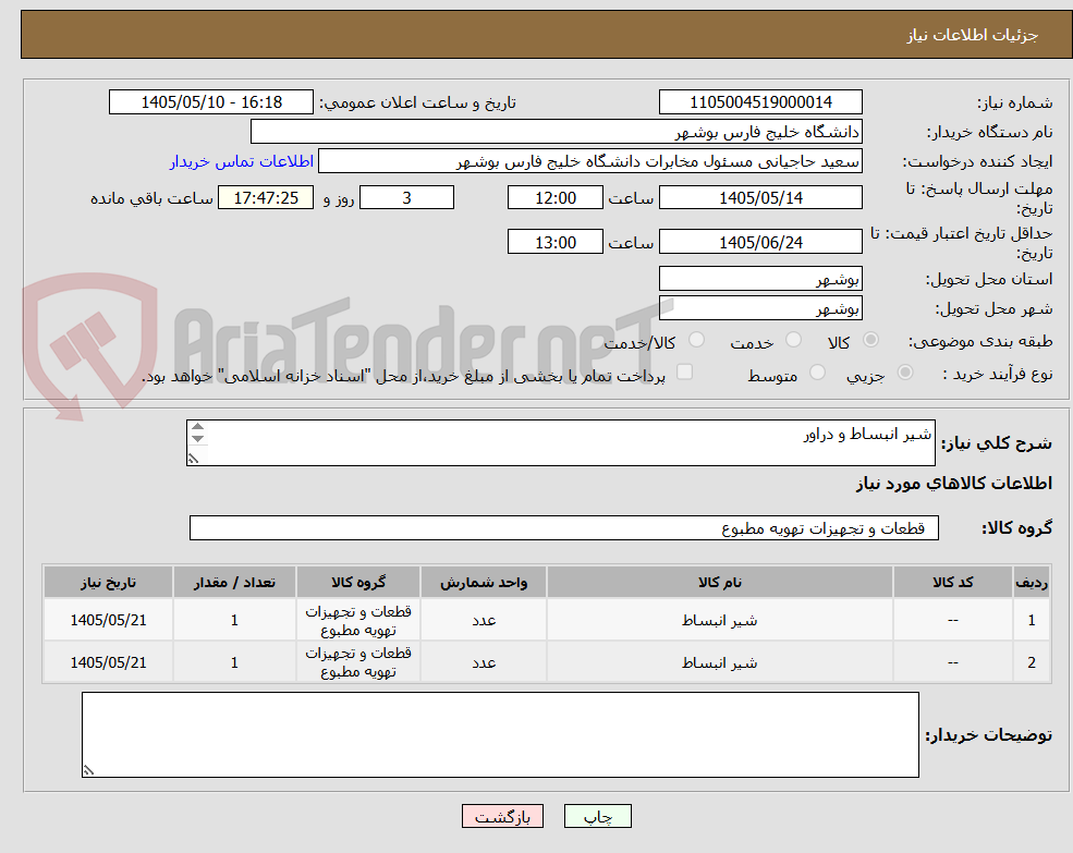 شیر انبساط و دراور