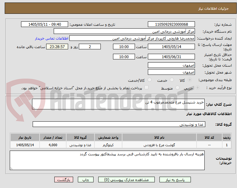خرید شنیسل مرغ منجمدمرغوب 4 تن