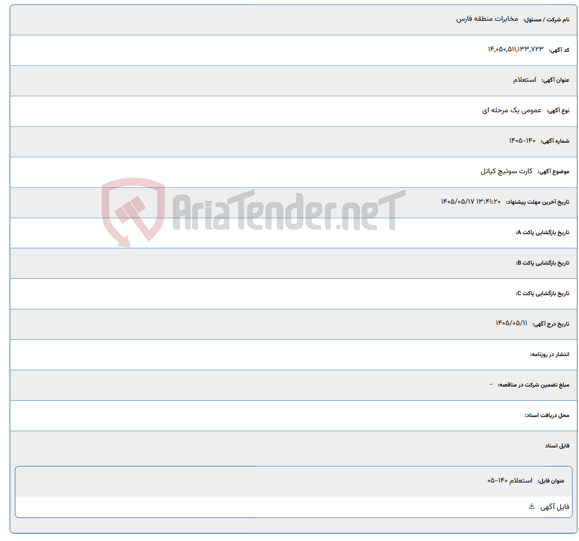 تصویر کوچک آگهی کارت سوئیچ کیاتل