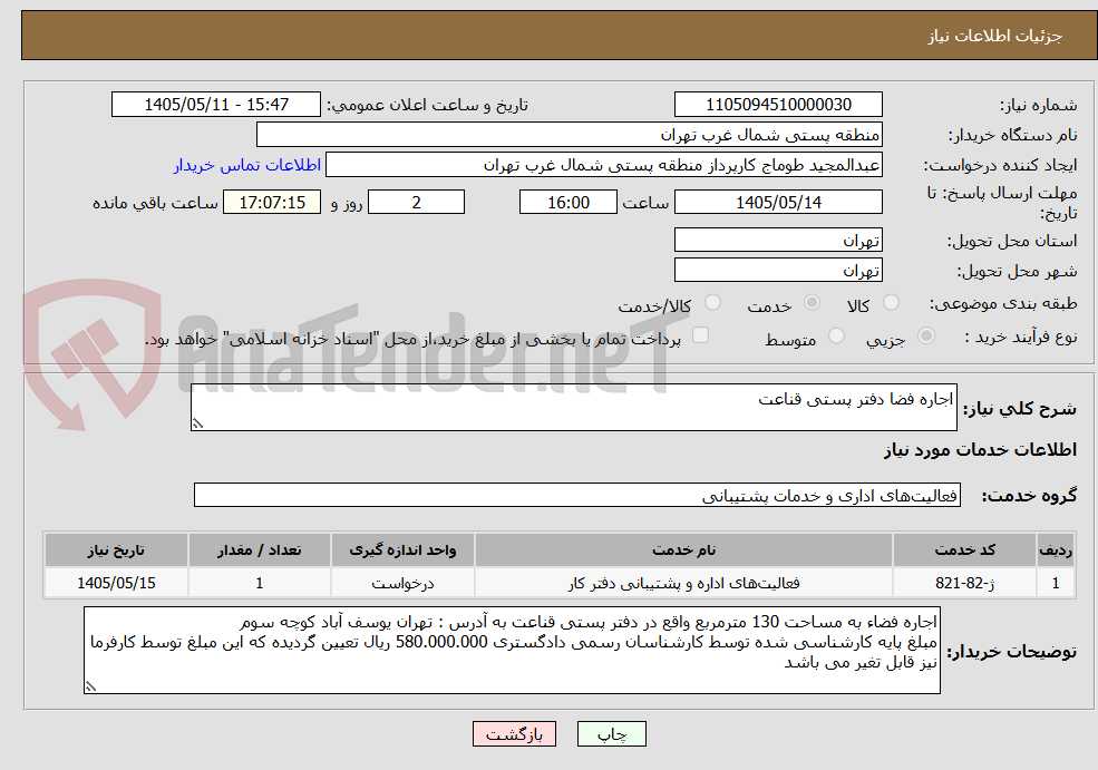 تصویر کوچک آگهی اجاره فضا دفتر پستی قناعت